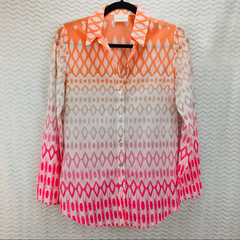 Chico’s semi sheer pink yellow cream shirt